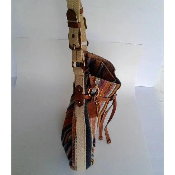 Fossil  Striped Women's Brown Canvas Shoulder Bag Leather Accents Handbag Medium - Picture 4 of 12